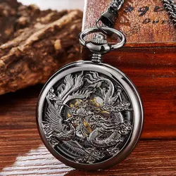 Montre de Poche Mécanique Noire pour Homme et Femme, Vintage, Rétro, Dragon, Phénix, Remontage à la Main, Creux, Fob, Collier, JOGift