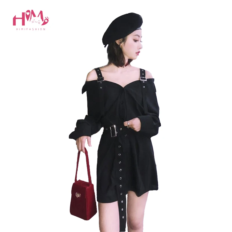 

Autumn Vintage Hard Black Suspenders Dress Female Harajuku Gothic Korean Off Shoulder Sexy Shirt Dress Women Punk Style Dresses