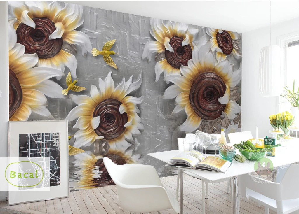 

Bacal Custom Wallpaper 3D Stereoscopic Embossed Gray Beauty Oil Painting Modern Sunflower Art Wall Mural Living Room Wallpapers