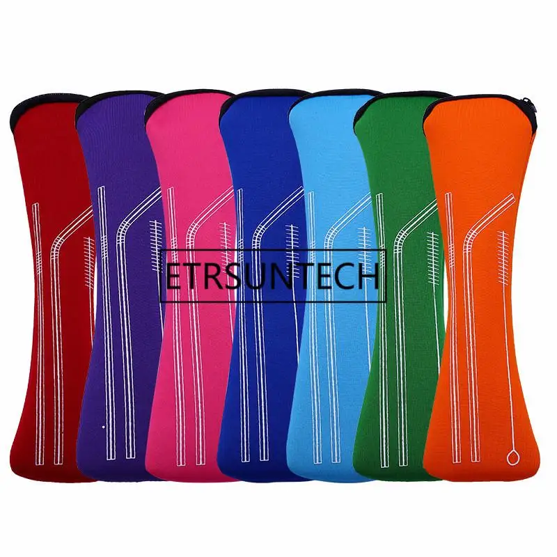 

50pcs/lot Colorful Portable Neoprene Drink Straw Bag with zipper Reusable Drinking Straw Bag Travel Camping Storage Bag