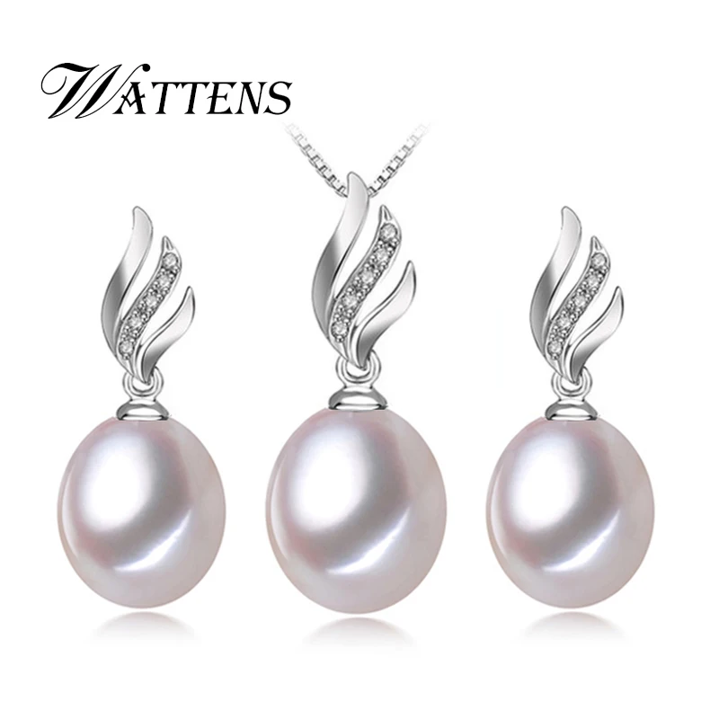 

WATTENS New Nice Natural Pearl Jewelry Sets 925 Sterling Silver pendant Necklace women,Pearl Earrings jewelry,Wedding for Love