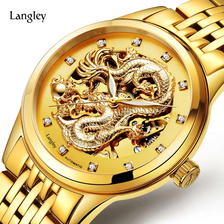 

LANGLEY Luxury Automatic Mechanical Wristwatches Dragon Genuine Leather Stainless Steel Men's Watch Waterproof Relogio Masculino