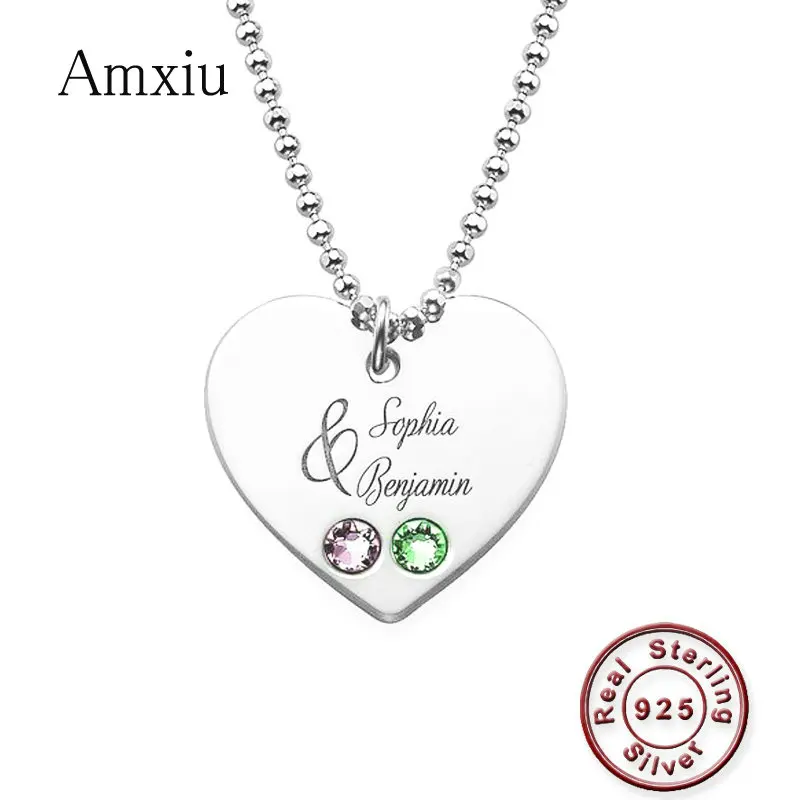 Amxiu 925 Sterling Silver Necklace Engrave Two Names Heart Necklace Personalized Name Necklace For Women Valentine's Day Gift