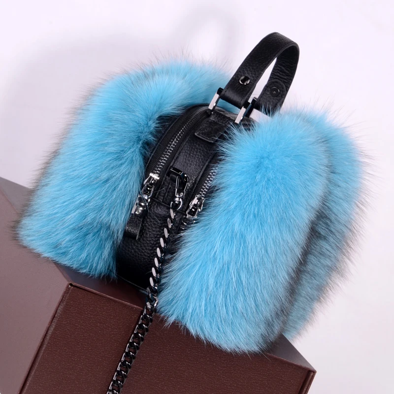 New Genuine Fox Fur Women\'s Handbag Winter Warm Female Fashion Shoulder banquet Genuine Leather Bag Multicolour Fox Fur Bags