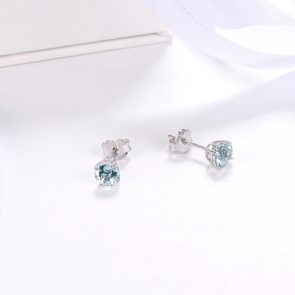 HUTANG Stone Jewelry 1.4ct Natural Aquamarine Round 6mm Stud Earrings Solid 925 Sterling Silver Gemstone Fine Jewelry Women Gift
