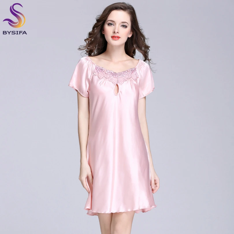 2020 New Sweet Young Women Silk Nightgown Printed Fashion Knee-length Girl Sleepwear Summer Ladies Sleepshirts Pink,Camel,Blue