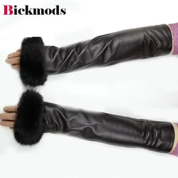 Guantes sin dedos de piel de oveja de 40CM de largo para mujer, mangas largas, piel de conejo, forro de terciopelo cálido para otoño e invierno, medio dedo