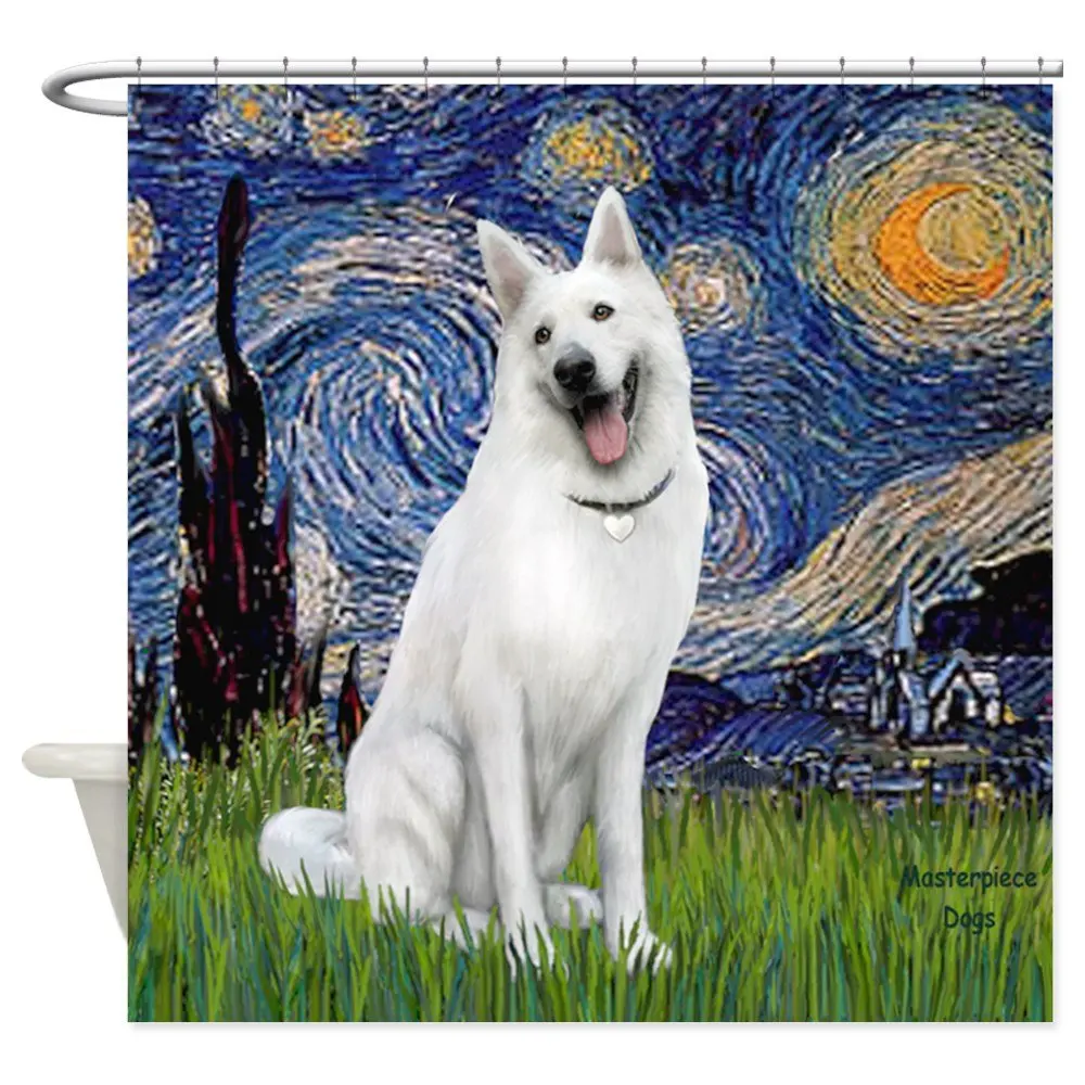 Starry-White German Shepherd Decorative Fabric Bathroom Polyester Shower Curtain