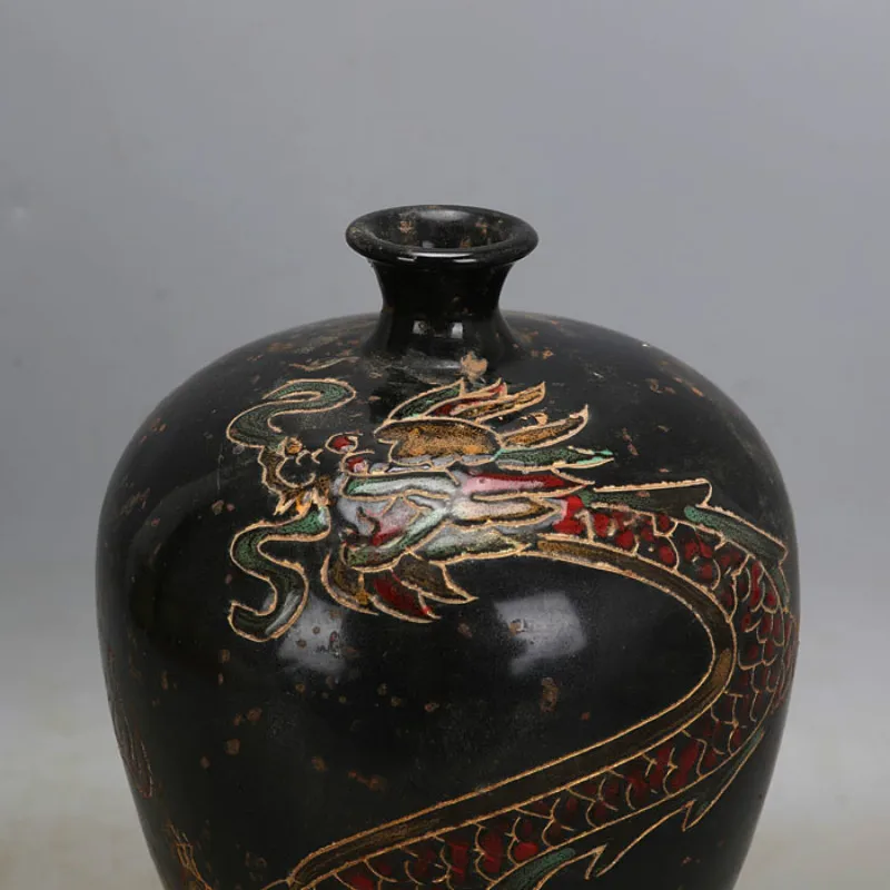 Song Dynasty Black Glaze Handmade Dragon Porcelain Vase Old Imitation Antique Porcelain Ancient Ornaments