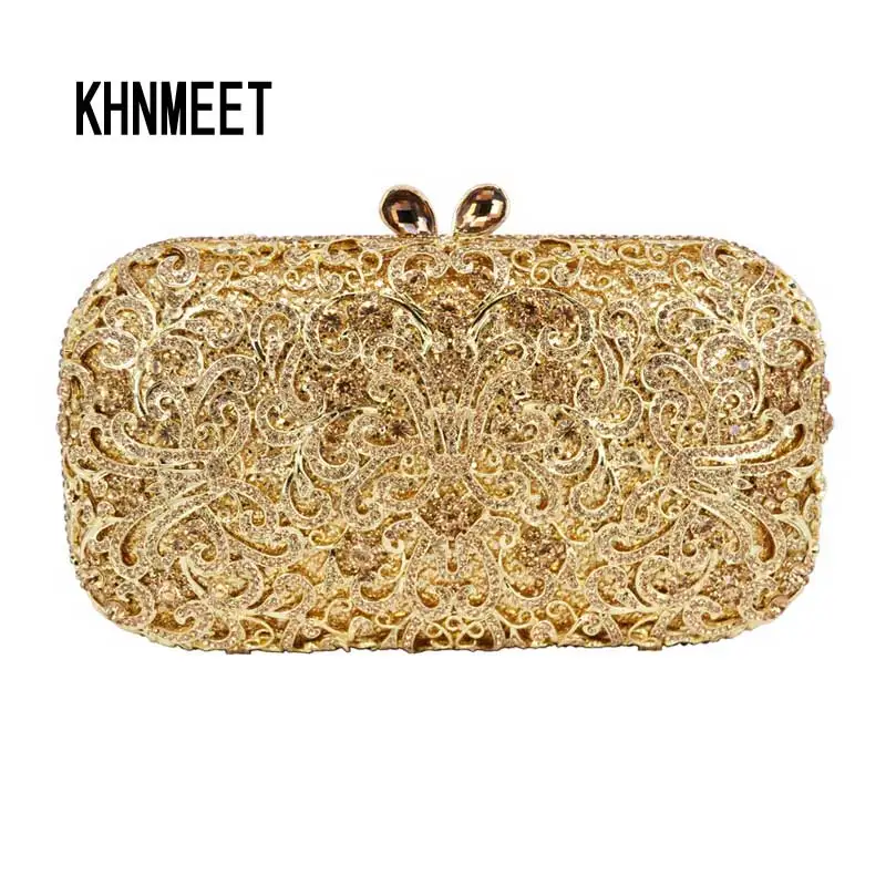 Golden Women Crystal Stones Evening bag Hollow out Cocktail Purse Red Diamond Crystal Encrusted Bags Ladies shoulder bags sc449