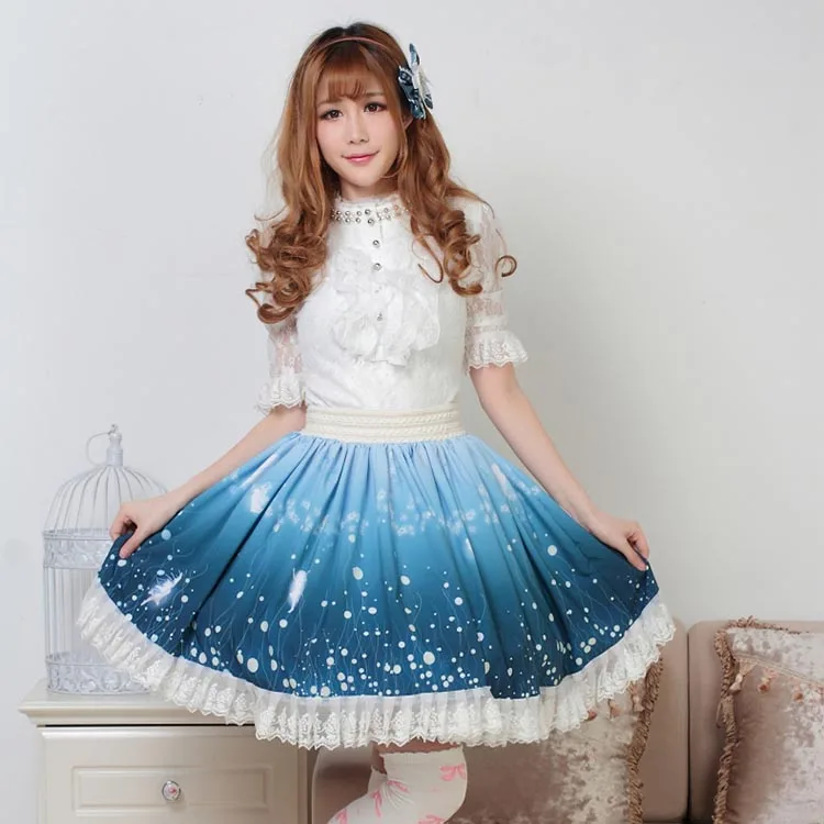 

Fairy Tale Lolita Pleated Lace Knee Length Royal Princess Cosplay Skirt Sky Blue Star Elf Pixy Print Magic Firefly Bottoms