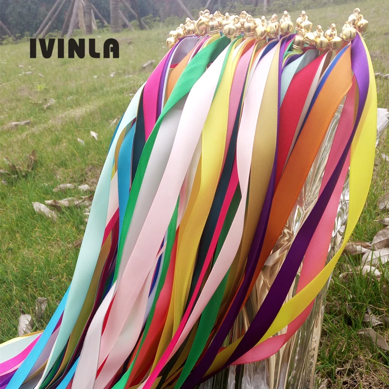 50/20/10pcs/lot Colorful stain ribbon wedding stick Mixed color wedding wands With gold Bells for wedding decoration