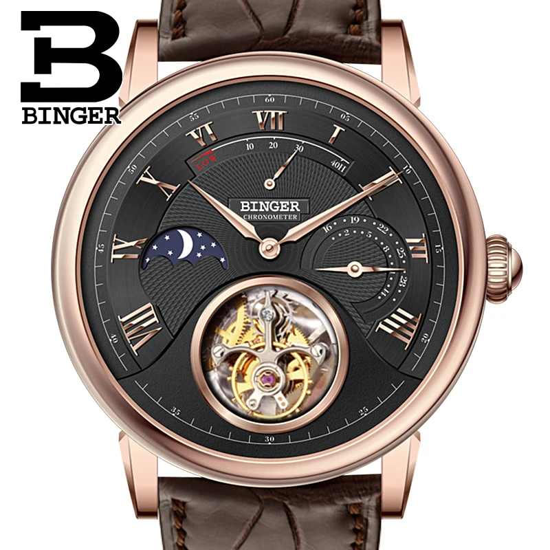 Switzerland BINGER Watches Men Brand Luxury Seagull Mechanical Automatic Movement Watch Male Tourbillon Sapphire Alligator Hide