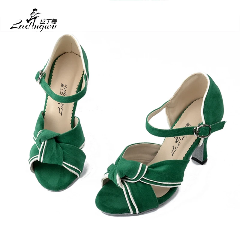 Ladingwu Green flanelowe sandały damskie sala balowa występ na imprezie Salsa Latin Dance buty obcas 6 cm/7.5 cm/8.3 cm numeracja 7127