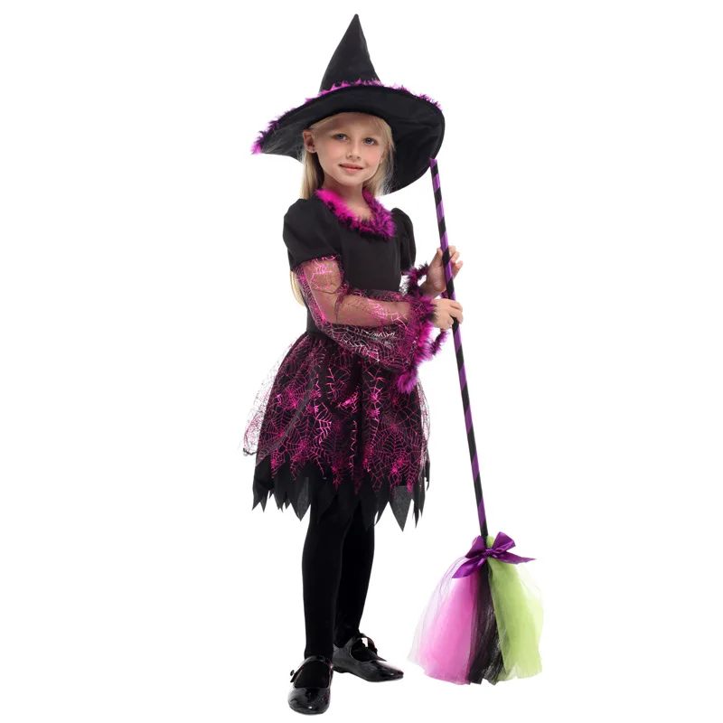 Spider Witch Costume for Kids Girl New Year Halloween Christmas Carnival Children Magician Wizard Cosplay Clothes Dress with Hat