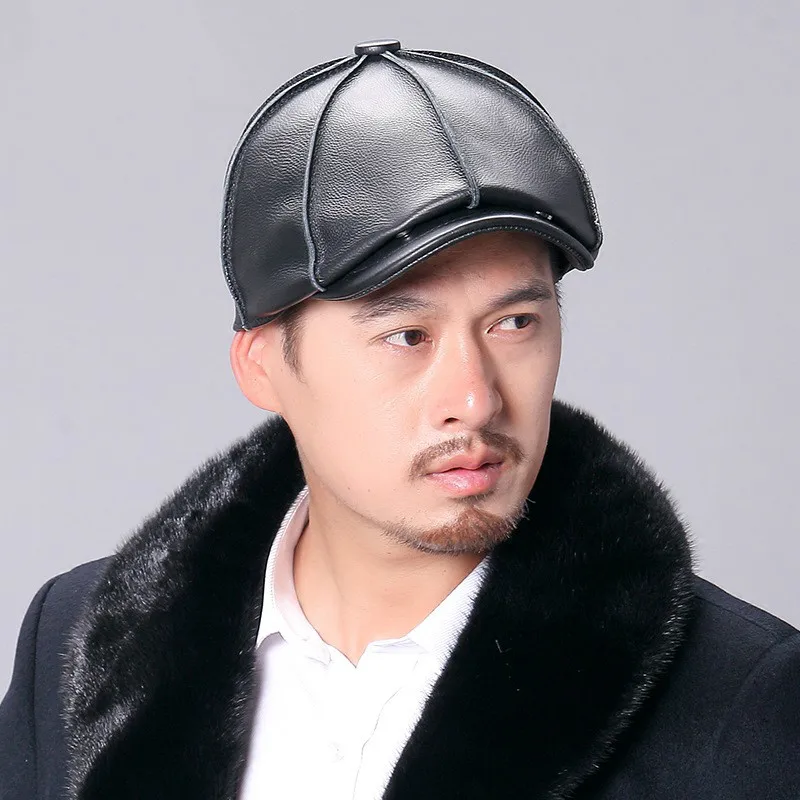 Genuine Leather Men's Hat Cowhide Casual Autumn Winter Fashion Octagonal Hats Male Outdoor Warm Middle Age Elderly Men Cap H6932