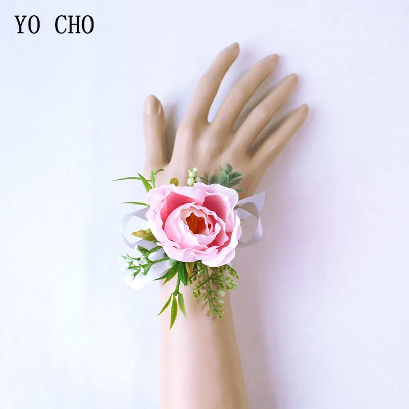 YO CHO-Corsages de muñeca de boda, traje de flores, decoración de boda, rosa de seda, flor de novio, alfileres de broche de boda, graduación, blanco y rosa