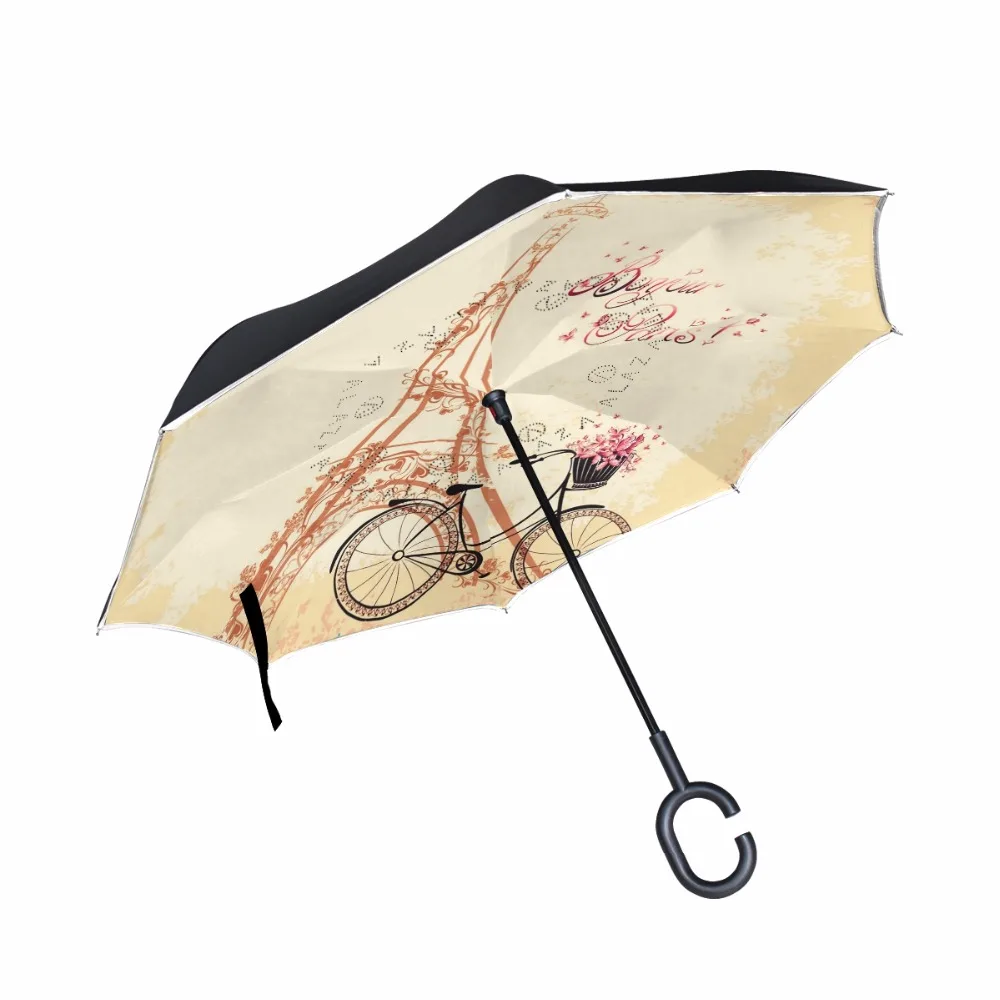 Paris Eiffel Tower Inverted Self Stand Long-Handled Umbrella Rain Women Parasol Double Layer Reverse Umbrella for Car