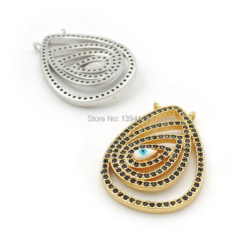 25*17*3mm Micro Pave Black CZ Tapering Drops Enamelling Charm Of Double Circles Fit For Women As Necklaces Accessory