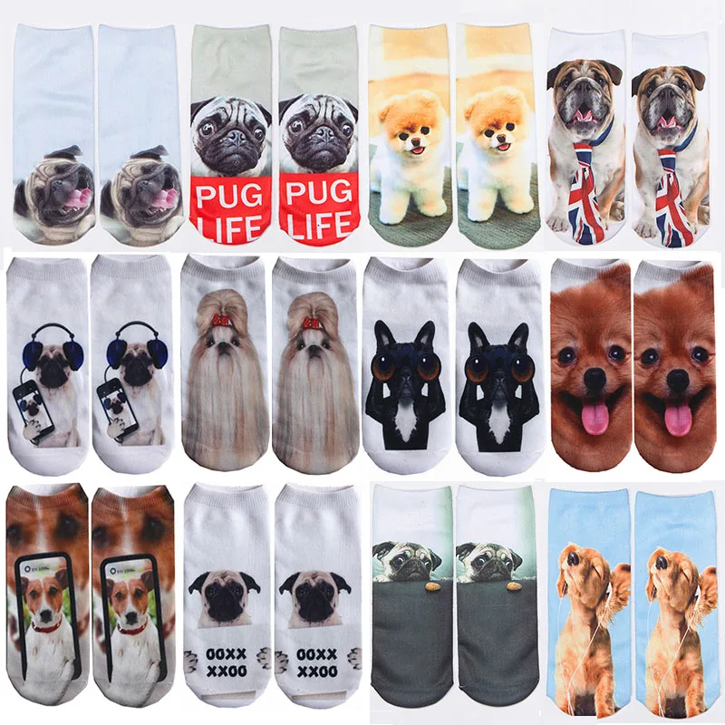 

2 Pairs Free Multiple Colors Women Men Cotton Animal Socks Cute Pug Dog Husky 3D Printed Ankle Socks Gift