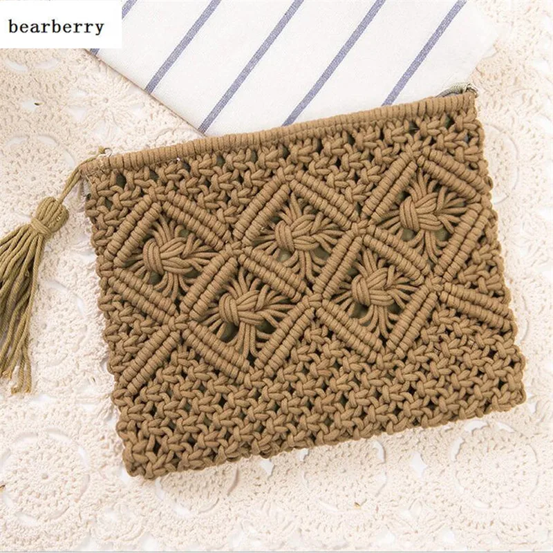 2023 High Quality Fashion Women Hollow Out Clutch Bags Brand Tassel Beach Bags Handmade Kont Message Bags MN583