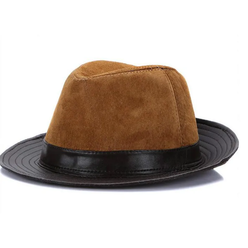 

Men's Genuine Leather Hat Male Fashion Genuine Leather Fedoras Cap Wide Brim Panama Leather Cap 3 Colors New Year Gift B-7148