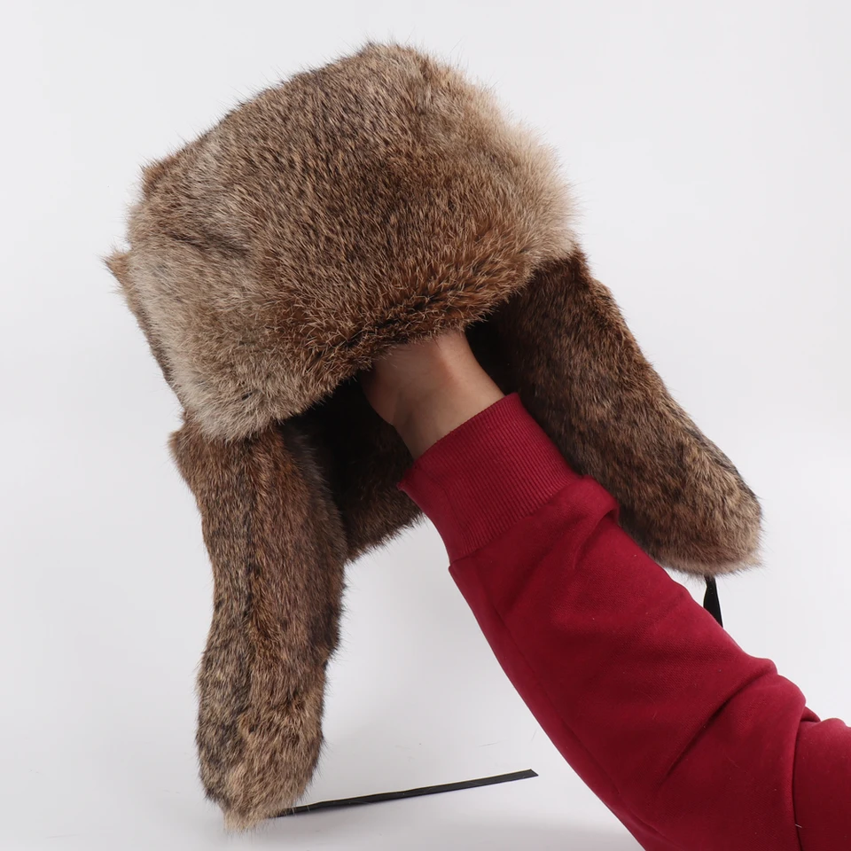 Real Rabbit Fur Bomber Hat for Men - Black, Grey, Yellow