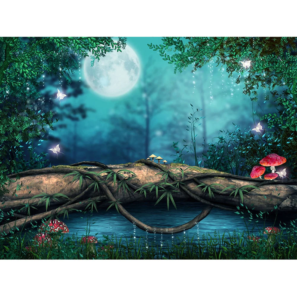 

Enchanted Forest Fairytale Backdrops Full Moon Night Printed Genie Butterflies Tree Stump Mushrooms Baby Kids Photo Background