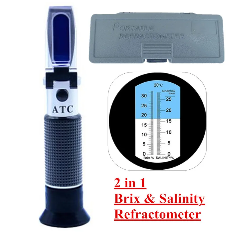 

Retail Box 2 in 1 0-32%Brix & 0-28% Salinity Refractometer w/ATC 2 scale Measure Sodium Chloride in Food Salt Fruits