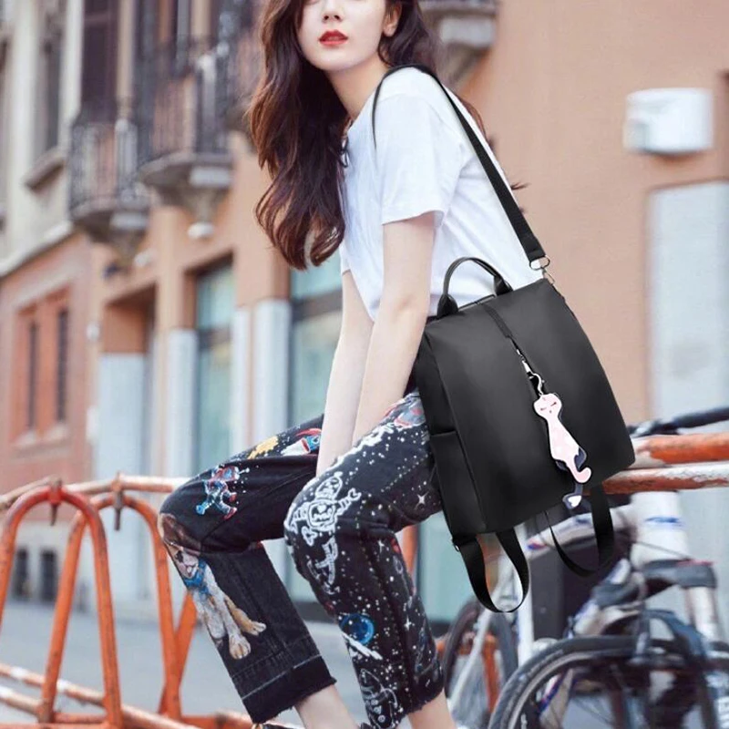 Yogodlns Frauen Rucksack Neue Mode Oxford Tasche Einfarbig Reise Rucksack Damen Kleinen Rucksack Mit Katze Anhänger – Detail 8