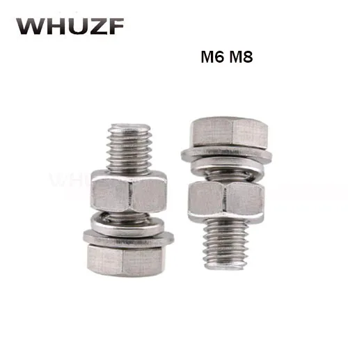 M6 M8 304 Stainless Steel Hex Bolt Screw Nut Flat Pad Spring Washer Combination Long Screw