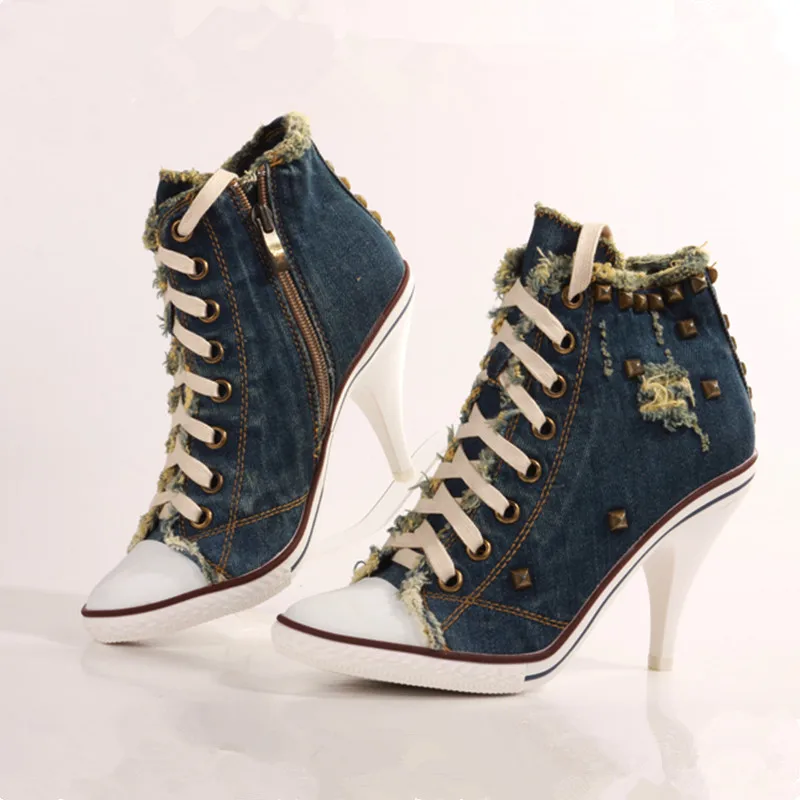 Vintage Dark Blue Women Short Boots Denim Studded Ankle Booties Lace Up High Heels Pumps Ladies Botas Mujer Rivets Zapatiilas