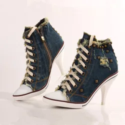 Stivaletti da donna Vintage blu scuro stivaletti alla caviglia con borchie in Denim décolleté con tacco alto décolleté da donna Botas Mujer rivetti Zapatiilas