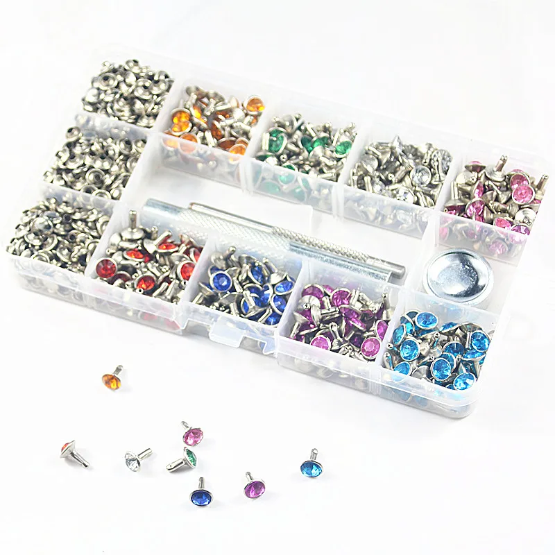 400pcs 8colors Double Cap Punk Diamond Spikes Rivet/Rhinestone Studs Decor Rivets for Leather/Belt/Handbag/Jeans DIY+Fixing Tool