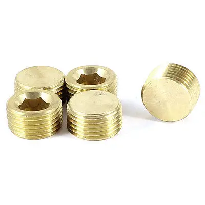 5 Pcs Gold Tone Pipe Hex Head Plug Fittings 3/8PT Male Threaded Pneumatic Cap Free shipping