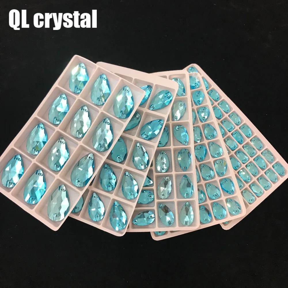 ALL Size QL Crystal 2019 popular Lake blue Drops Sew On Crystals for Craft Sewing On Rhinestone 2 Holes DIY Garment Dress Making