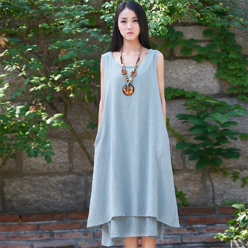 

LZJN Summer Dress 2020 Cotton Linen Dress Femme Vintage 2 Piece Tank Dresses Mori Girl Basic Sleeveless Sundress 2117