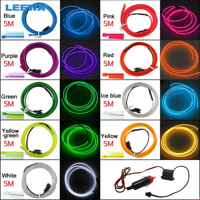 

FEELDO 15set 5M Car Decoration Flexible Moulding EL Neon Glow Lighting Rope Strip With Fin And Cigar Lighter 9-color #CA3596