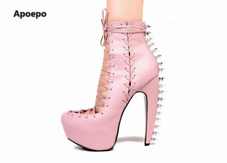 

Newest new woman boots high heel boots strange heel bots high platform bot woman front lace-up rivets decorated woman boots