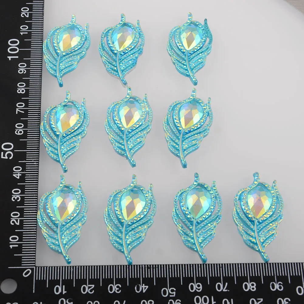 BOLIAO 10Pcs 20*38mm( 0.79in*1.5in ) Peacock Leaf Resin Shining Light Blue Crystal Flatback No Hole Glue Home Holiday Decoration