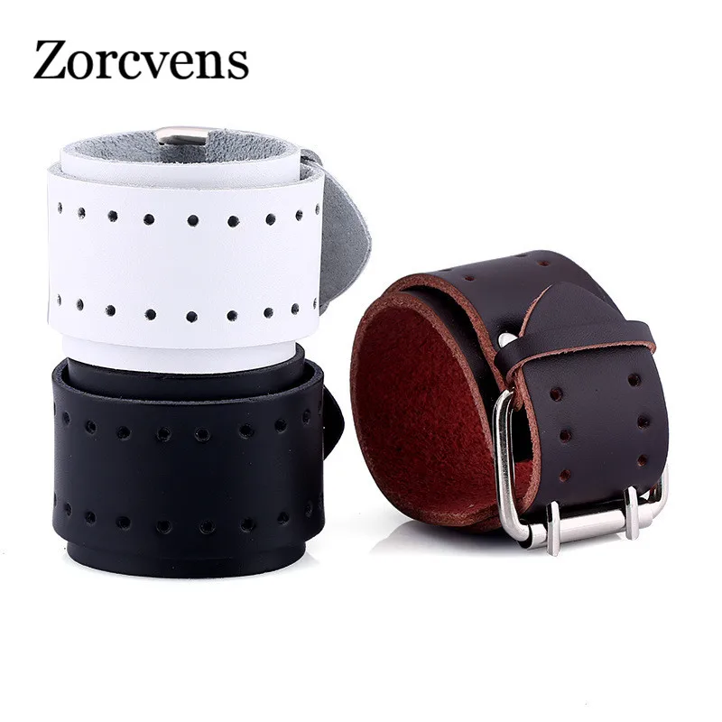 ZORCVENS 2023 New Fashion Vintage Genuine Leather Bracelets Brown Black White Punk Wide Cuff Bracelets & Bangles for Women Men