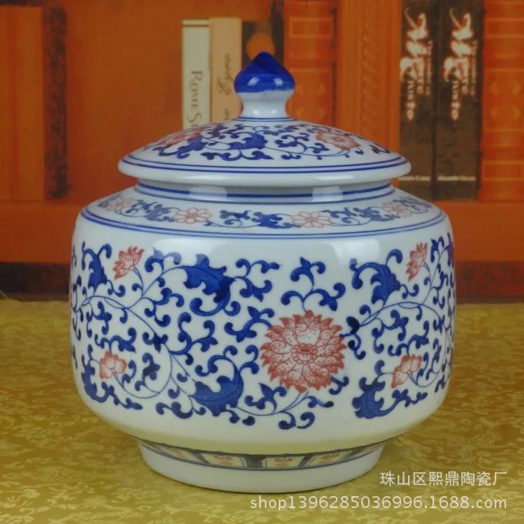 Jingdezhen Ceramic tea caddy wholesale tea caddy Scroll rich blue underglaze red Canister Sugar Bowl