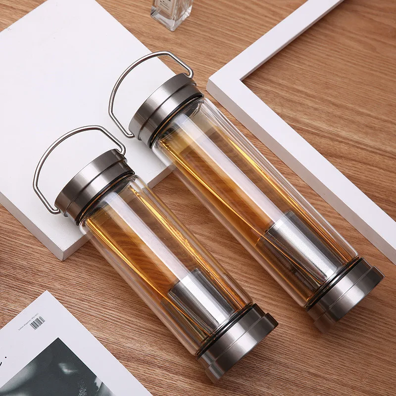 300ML 400ML Glass Water Bottle Glass Bottle with Stainless Steel Tea Infuser Filter Tea Separator Drinking Travel Glass Bottle