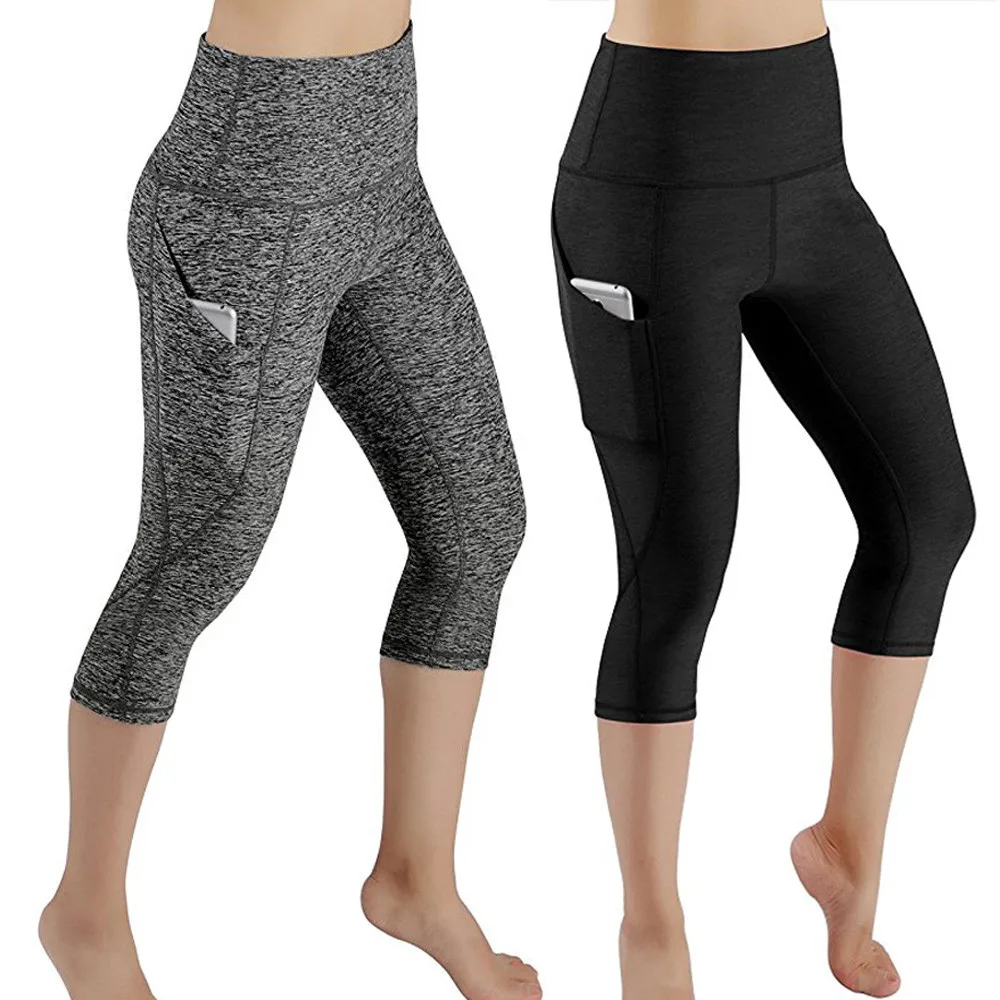 Pantalones de Yoga hasta la pantorrilla para mujer, mallas deportivas Capri para Fitness, gimnasio, leggings de cintura alta, color negro, 3/4