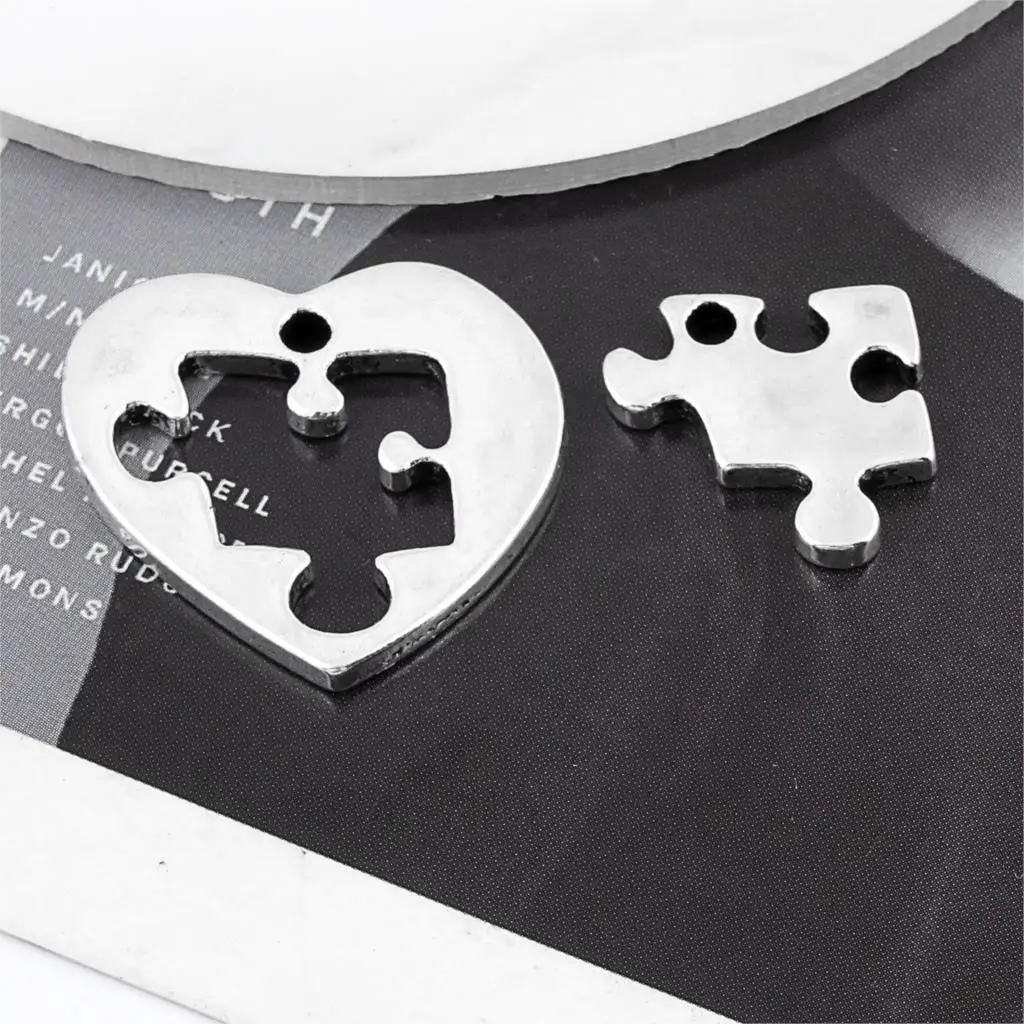 5Sets  Silver Color Heart Shaped Puzzle Charms Making Jigsaw Tag Couple Pendant Necklaces Choke Jewelry Handcraft 27X26mm A3221