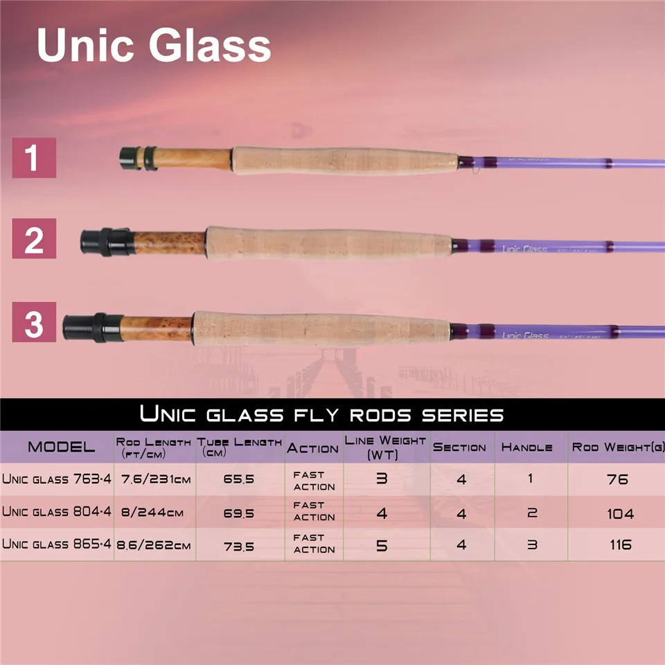 Maximumcatch Unic Fiberglass 3/4/5wt Fast Action Fly Fishing Rod 7/8/8.6ft Carbon Glass Blank Fly Rod Purple Color