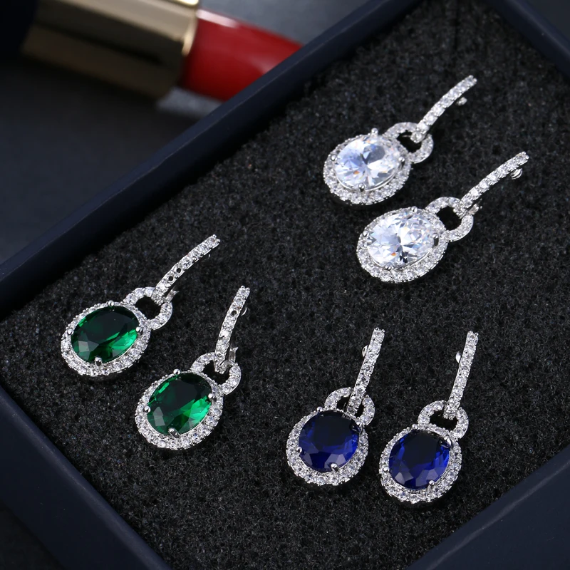 EMMAYA Silver-color Green Crystals Zircon CZ Drop Dangle Earrings for Women Fashion Luxury Dangle Earrings Jewelry