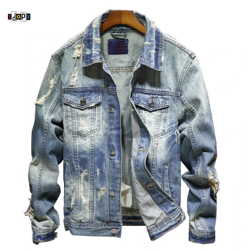 

Idopy New Men`s Jean Jacket Motorcycle Destroyed Motorbike Holes Distressed Biker Trucker Denim Coat For Male