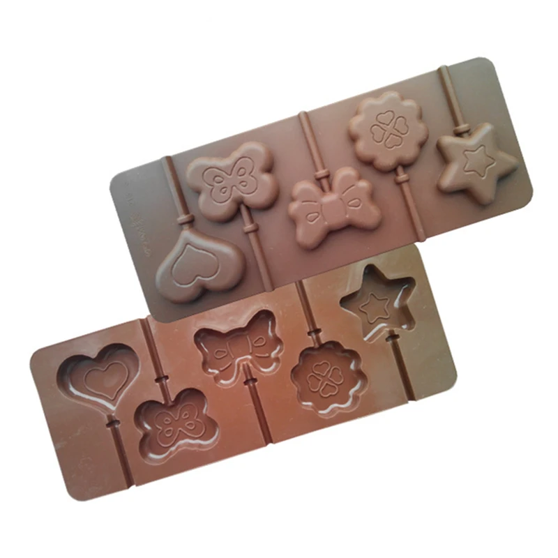 New Fondant Moulds 5 Holes Lovely Creative Star And Heart Shaped 3D Silicone Bakeware Lollipop Mold D672