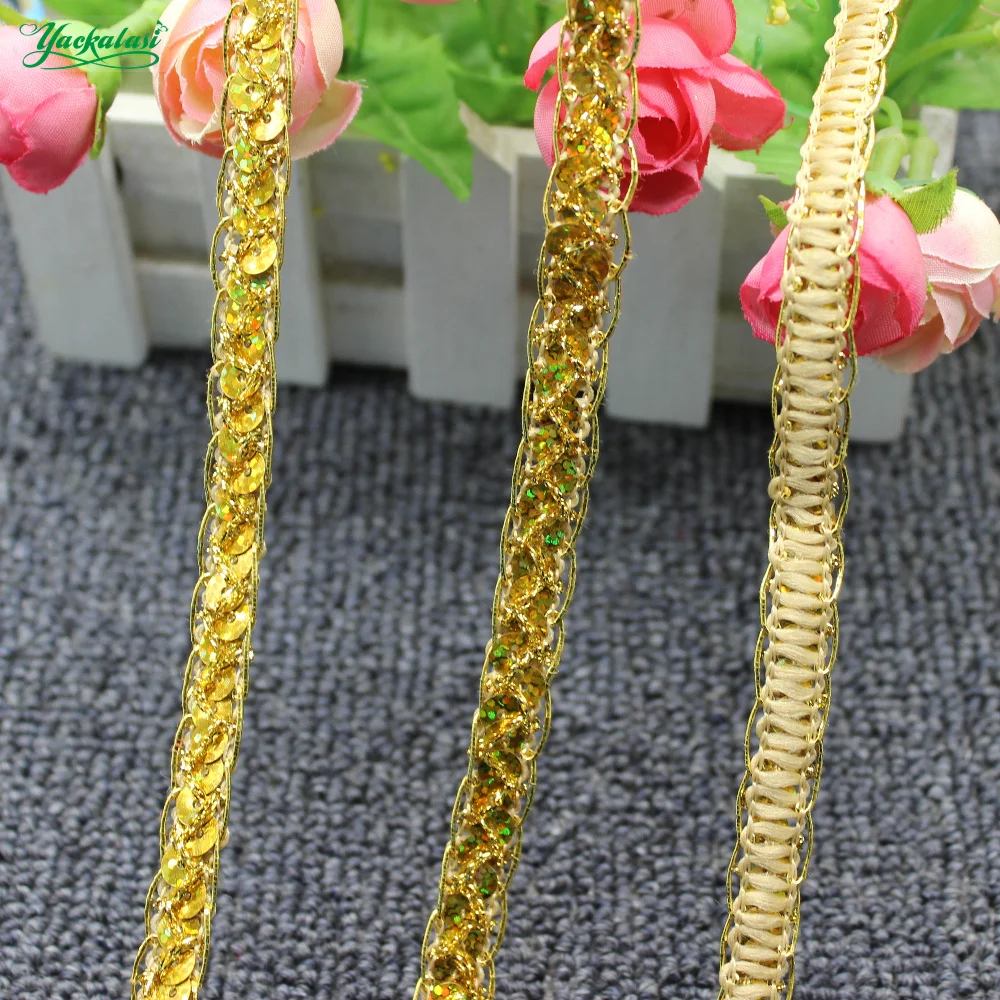 12 Yds Sequined Lace Ribbons Gold Braided Band Crochet Cosplay Costumes Trims Appliqued Sewing Apparel Ribbon 1.2CM